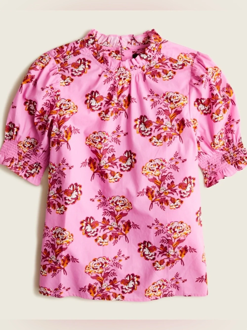 J. Crew Smocked Puff Sleeve Top Blouse in Pink Marigold Floral Print Size XS